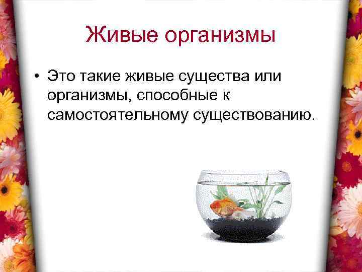 Живые организмы • Это такие живые существа или организмы, способные к самостоятельному существованию. 