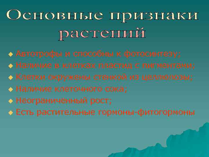 Автотрофы и способны к фотосинтезу; u Наличие в клетках пластид с пигментами; u Клетки