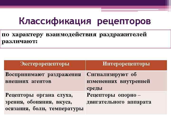 Классификация рецепторов по характеру взаимодействия раздражителей различают: Экстерорецепторы Воспринимают раздражения внешних агентов Рецепторы органа