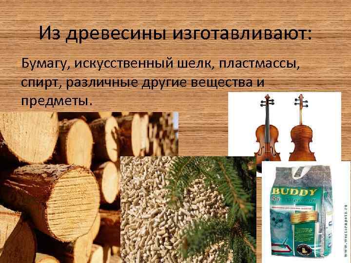 Из древесины изготавливают: Бумагу, искусственный шелк, пластмассы, спирт, различные другие вещества и предметы. 