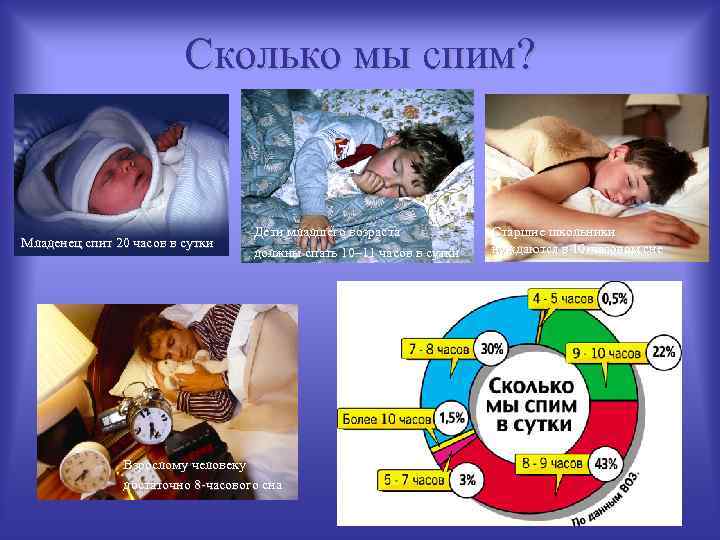 Сколько мы спим? Младенец спит 20 часов в сутки Дети младшего возраста должны спать