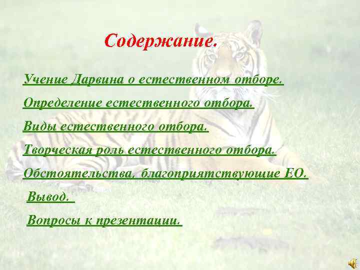 Содержание. Учение Дарвина о естественном отборе. Определение естественного отбора. Виды естественного отбора. Творческая роль