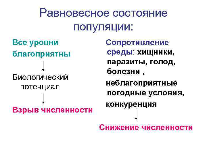 Равновесное состояние популяции: Все уровни благоприятны Биологический потенциал Взрыв численности Сопротивление среды: хищники, паразиты,