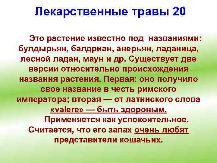 Лекарственные травы 20 Это растение известно под названиями: булдырьян, балдриан, аверьян, ладаница, лесной ладан,