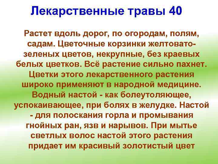 Лекарственные травы 40 Растет вдоль дорог, по огородам, полям, садам. Цветочные корзинки желтоватозеленых цветов,