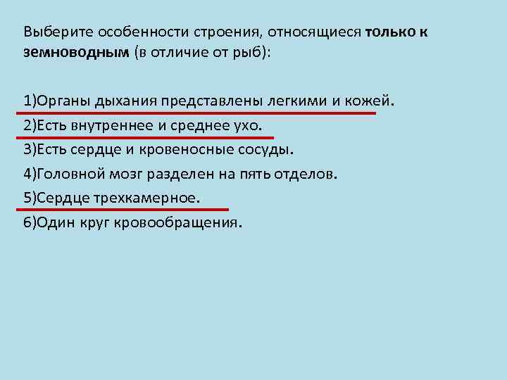 Выберите особенности строения, относящиеся только к земноводным (в отличие от рыб): 1)Органы дыхания представлены