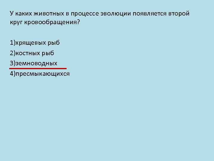 У каких животных в процессе эволюции появляется второй круг кровообращения? 1)хрящевых рыб 2)костных рыб