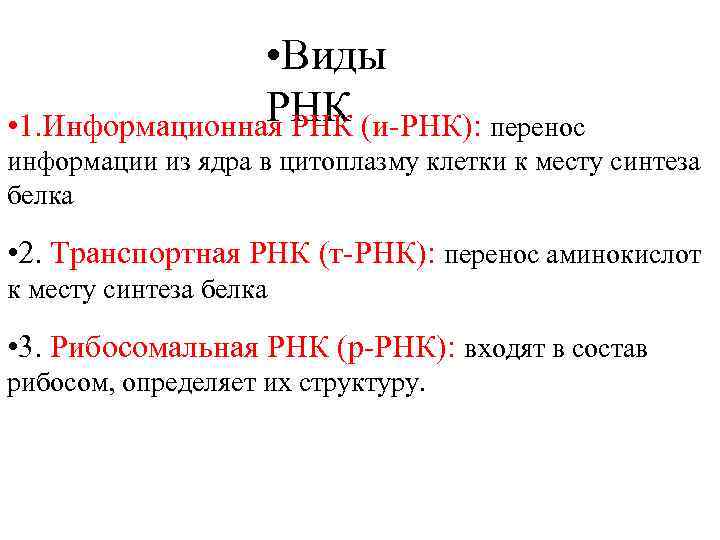  • Виды РНК • 1. Информационная РНК (и-РНК): перенос информации из ядра в