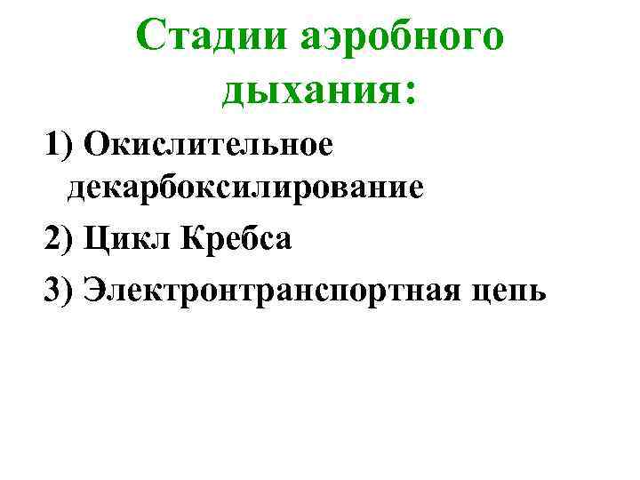 Стадии аэробного дыхания: 1) Окислительное декарбоксилирование 2) Цикл Кребса 3) Электронтранспортная цепь 