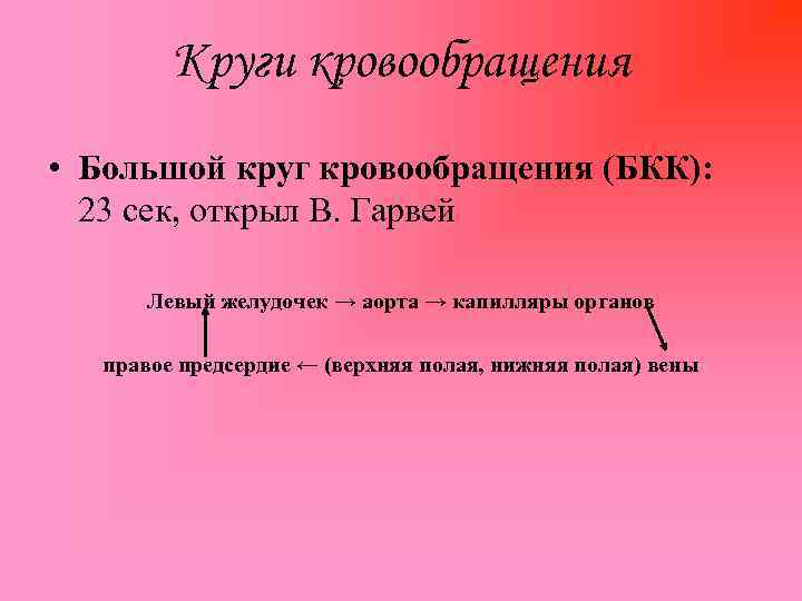 Круги кровообращения • Большой круг кровообращения (БКК): 23 сек, открыл В. Гарвей Левый желудочек
