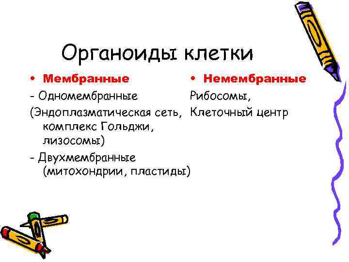 Органоиды клетки • Мембранные • Немембранные - Одномембранные Рибосомы, (Эндоплазматическая сеть, Клеточный центр комплекс