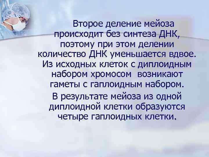 Второе деление мейоза происходит без синтеза ДНК, поэтому при этом делении количество ДНК уменьшается