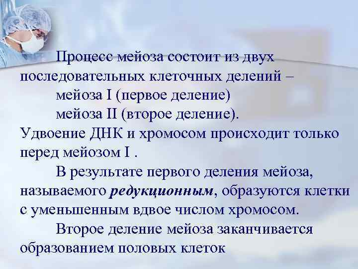 Процесс мейоза состоит из двух последовательных клеточных делений – мейоза I (первое деление) мейоза