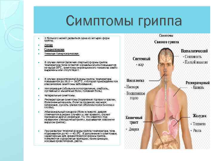 Симптомы гриппа У больного может развиться одна из четырех форм гриппа: Легкая Среднетяжелая Тяжелая