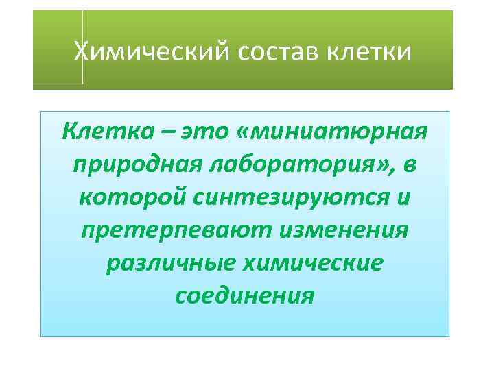 Химический состав клетки Клетка – это «миниатюрная природная лаборатория» , в которой синтезируются и