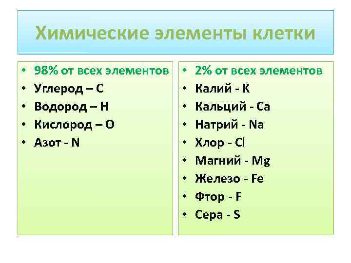 Химические элементы клетки • • • 98% от всех элементов Углерод – С Водород