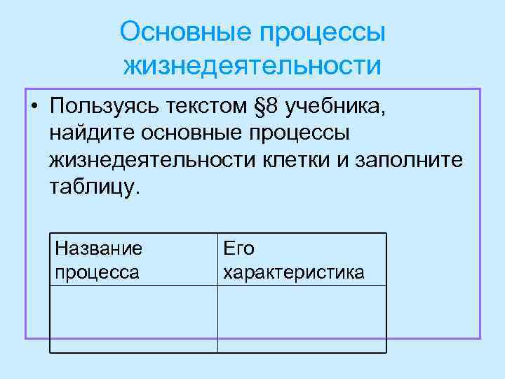 Основные процессы жизнедеятельности • Пользуясь текстом § 8 учебника, найдите основные процессы жизнедеятельности клетки