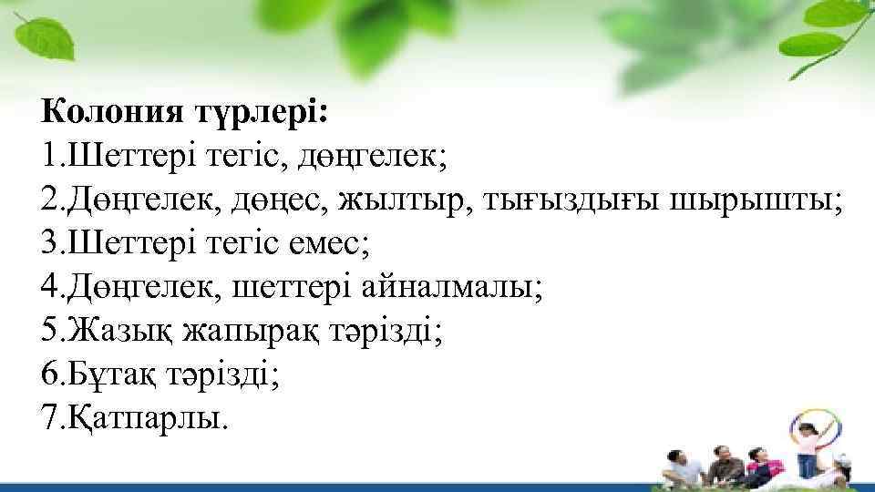 Колония түрлері: 1. Шеттері тегіс, дөңгелек; 2. Дөңгелек, дөңес, жылтыр, тығыздығы шырышты; 3. Шеттері