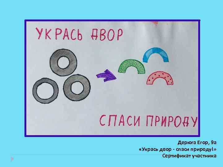 Дерюга Егор, 9 а «Укрась двор - спаси природу!» Сертификат участника 