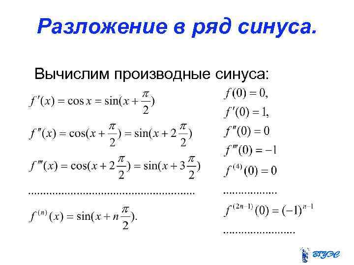 Разложение в ряд синуса. Вычислим производные синуса: 