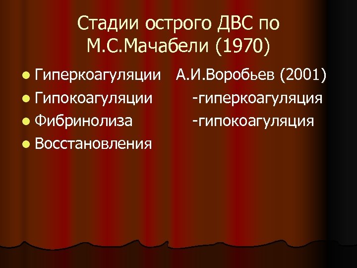 Стадии острого ДВС по М. С. Мачабели (1970) l Гиперкоагуляции l Гипокоагуляции l Фибринолиза