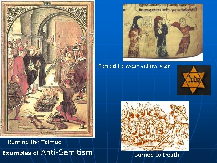 Forced to wear yellow star Burning the Talmud Examples of Anti-Semitism Burned to Death