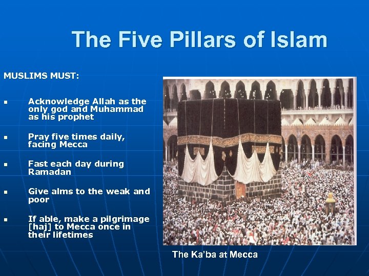 The Five Pillars of Islam MUSLIMS MUST: n Acknowledge Allah as the only god