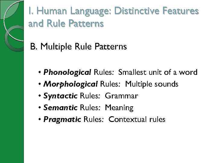 I. Human Language: Distinctive Features and Rule Patterns B. Multiple Rule Patterns • •