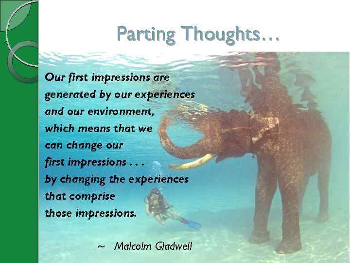 Parting Thoughts… Our first impressions are generated by our experiences and our environment, which