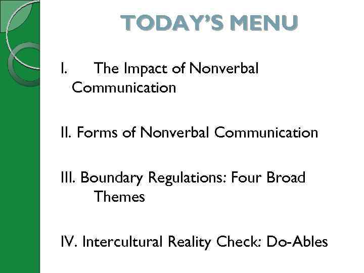 TODAY’S MENU I. The Impact of Nonverbal Communication II. Forms of Nonverbal Communication III.