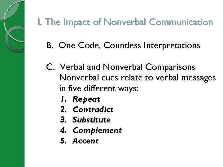 I. The Impact of Nonverbal Communication B. One Code, Countless Interpretations C. Verbal and