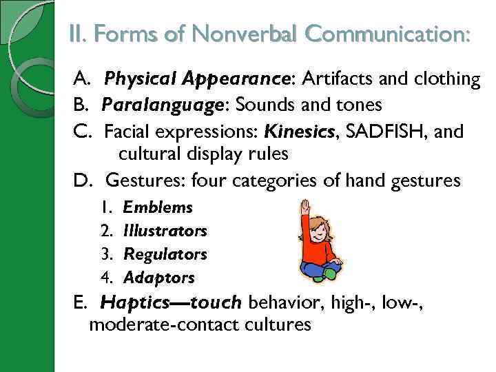 II. Forms of Nonverbal Communication: A. Physical Appearance: Artifacts and clothing B. Paralanguage: Sounds