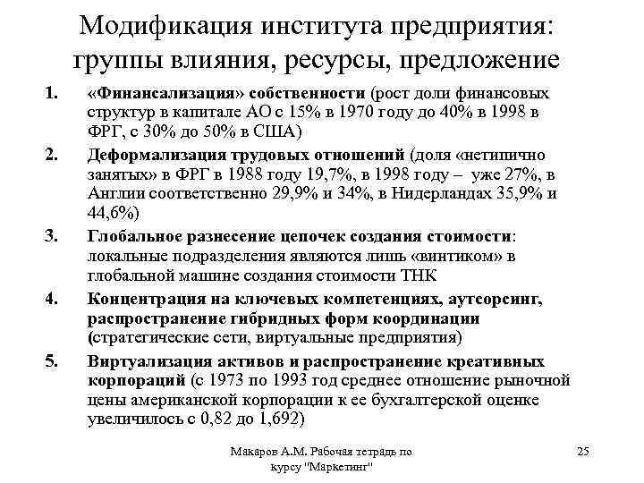 Модификация института предприятия: группы влияния, ресурсы, предложение 1. 2. 3. 4. 5. «Финансализация» собственности