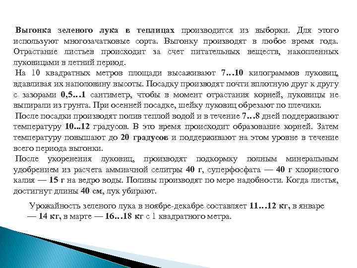 Выгонка зеленого лука в теплицах производится из выборки. Для этого используют многозачатковые сорта. Выгонку