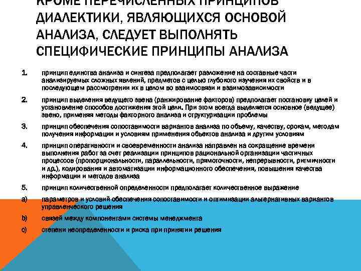 КРОМЕ ПЕРЕЧИСЛЕННЫХ ПРИНЦИПОВ ДИАЛЕКТИКИ, ЯВЛЯЮЩИХСЯ ОСНОВОЙ АНАЛИЗА, СЛЕДУЕТ ВЫПОЛНЯТЬ СПЕЦИФИЧЕСКИЕ ПРИНЦИПЫ АНАЛИЗА 1. принцип