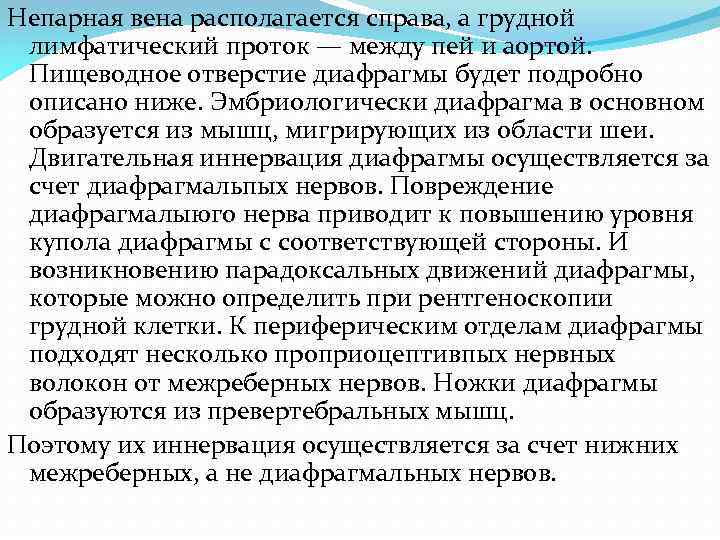 Непарная вена располагается справа, а грудной лимфатический проток — между пей и аортой. Пищеводное