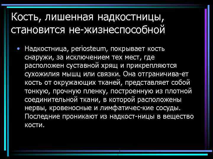 Кость, лишенная надкостницы, становится не жизнеспособной • Надкостница, periosteum, покрывает кость снаружи, за исключением