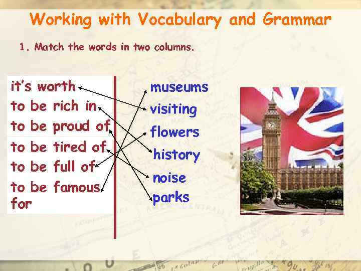 Working with Vocabulary and Grammar 1. Match the words in two columns. it’s worth