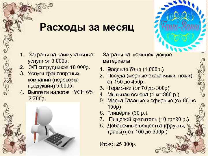 Расходы за месяц 1. Затраты на коммунальные услуги от 3 000 р. 2. З/П