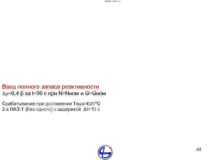 Ввод полного запаса реактивности Δρ=0, 4·β за t=30 с при N=Nном и G=Gном Срабатывание