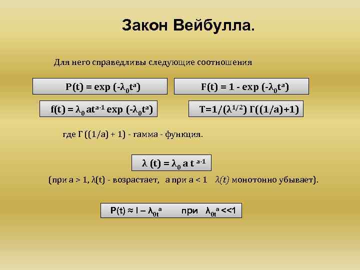 Закон Вейбулла. Для него справедливы следующие соотношения P(t) = еxp (-λ 0 ta) F(t)