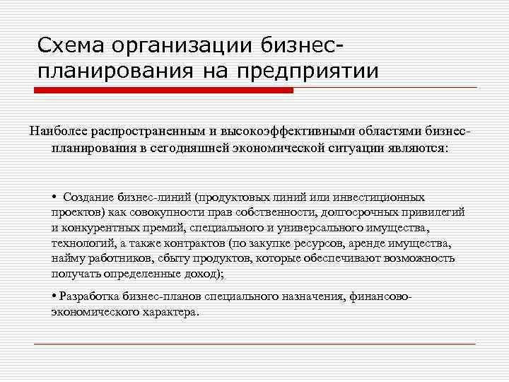 Схема организации бизнеспланирования на предприятии Наиболее распространенным и высокоэффективными областями бизнеспланирования в сегодняшней экономической