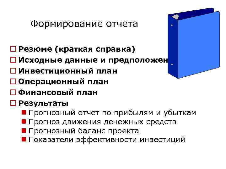 Формирование отчета o Резюме (краткая справка) o Исходные данные и предположения o Инвестиционный план