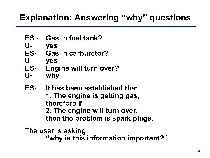 Explanation: Answering “why” questions ES UESUESU- Gas in fuel tank? yes Gas in carburetor?