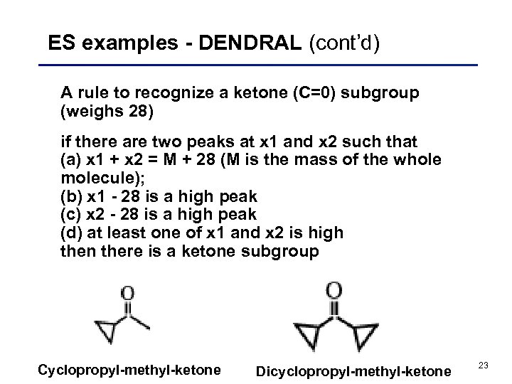 ES examples - DENDRAL (cont’d) A rule to recognize a ketone (C=0) subgroup (weighs