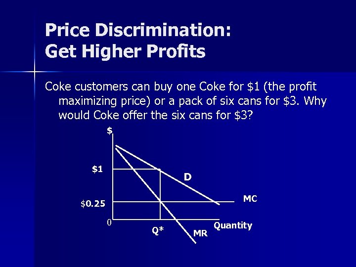 Price Discrimination: Get Higher Profits Coke customers can buy one Coke for $1 (the