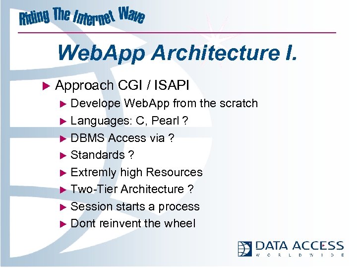 Web. App Architecture I. u Approach CGI / ISAPI u u u u Develope