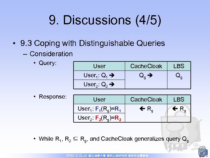 9. Discussions (4/5) • 9. 3 Coping with Distinguishable Queries – Consideration • Query: