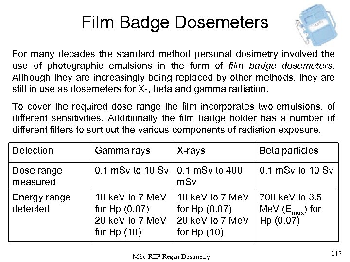 Film Badge Dosemeters For many decades the standard method personal dosimetry involved the use