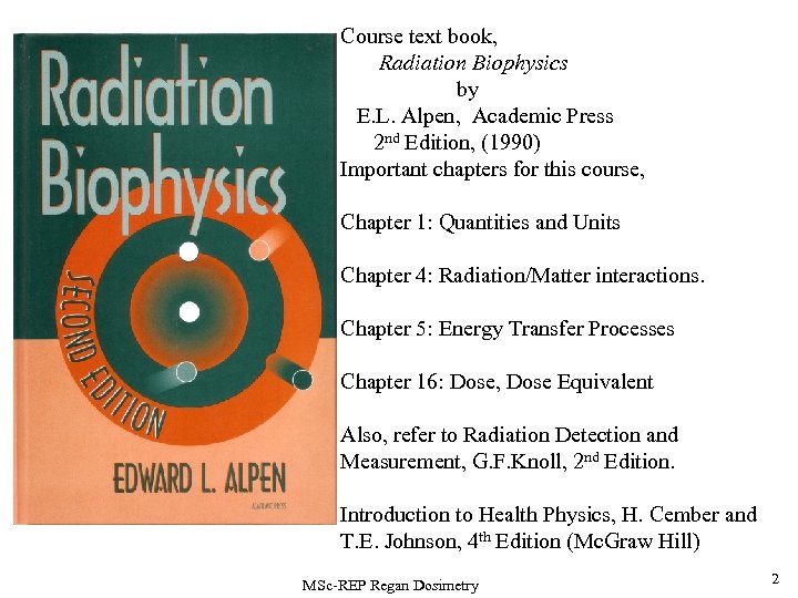 Course text book, Radiation Biophysics by E. L. Alpen, Academic Press 2 nd Edition,